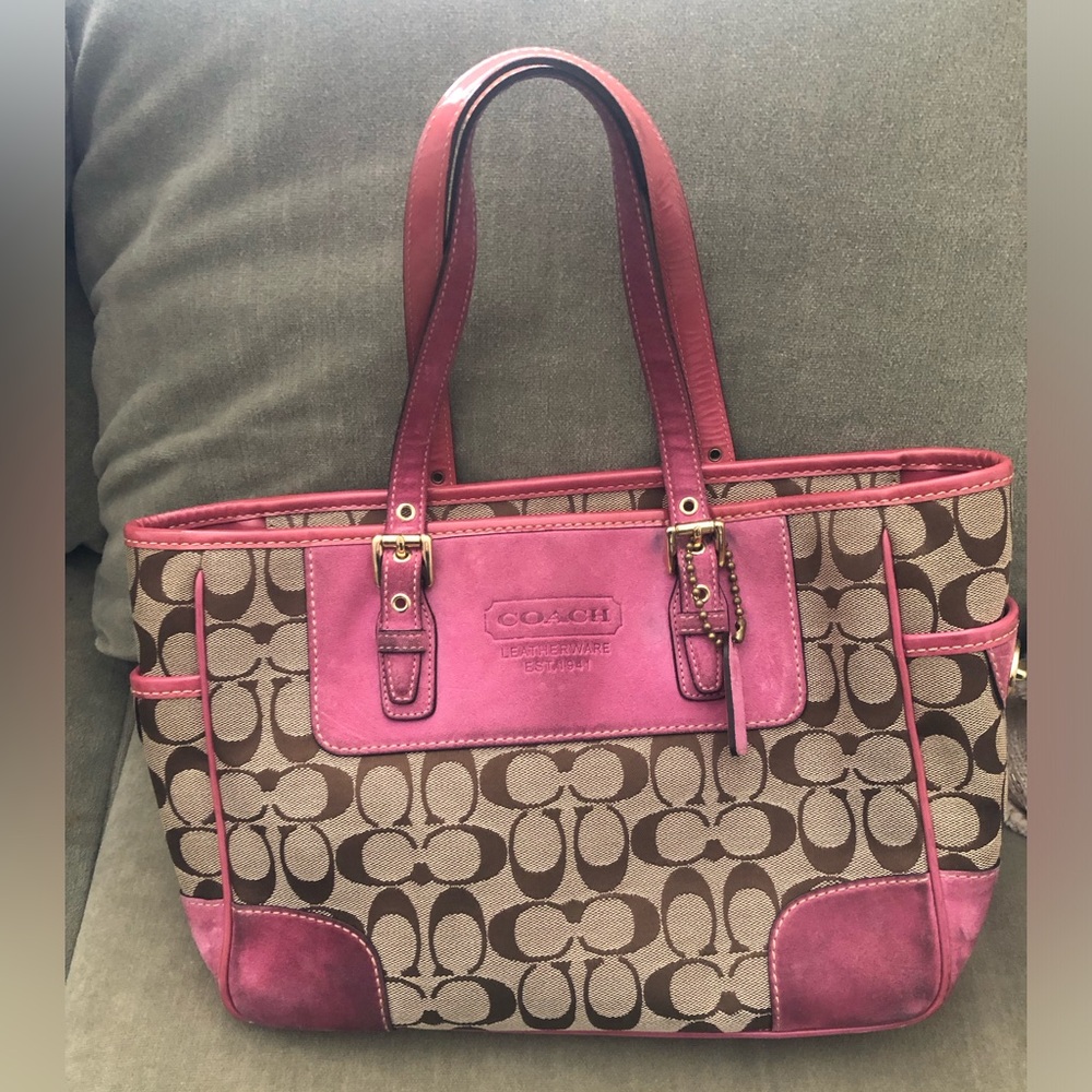 Coach, pink and khaki monogram tote bag